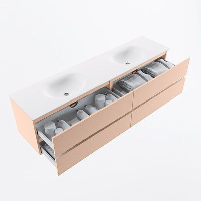 MONDIAZ Vica Ensemble meuble de salle de bains - 190cm - meuble bas rosee - 4 tiroirs - lavabo moon double - sans trous de robinet - version haute 60cm - talc