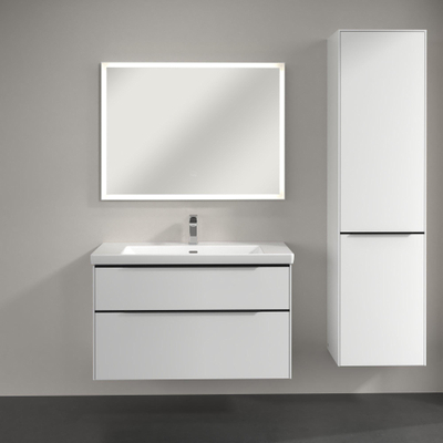 Villeroy & Boch Subway 3.0 Badkamerkast - opbouw - 45x35x170cm - 1 rechtsdraaiende - softclose deur volcano Black greep - spaanplaat - Brilliant White (wit)
