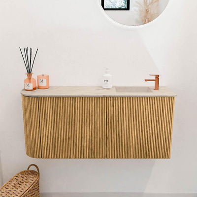 Mondiaz JOYA-DLUX 91.6cm toiletmeubel - ronding links kleur Oak - Wastafel FAYE positie Rechts 1 kraangat kleur Frappe.