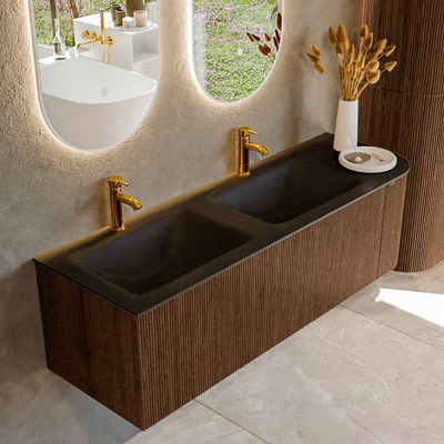 MONDIAZ KURVE 145cm badmeubel met module 25 R kleur Walnut met 1 lade en 1 deur. Wastafel CLOUD dubbel / links 2 kraangaten Urban.