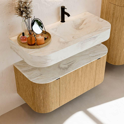 MONDIAZ THOR-DLUX 100cm badmeubel ronding links + rechts kleur Oak met 1 lade en 2 deuren. Vrijhangende wastafel CLOUD Rechts 1 kraangat kleur Ostra.