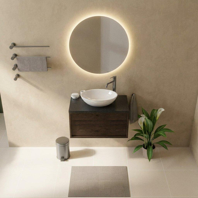 Saniclass Holz Frame Ensemble meuble de salle de bains - 80x45x43cm - Plan vasque en basalte Noche poli (noir) - 1 trou de robinetterie - 1 tiroir - chêne charcoal mat (bois)