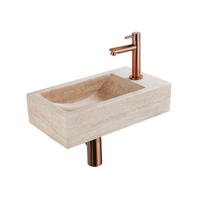 FugaFlow Eccelente Pietra Ensemble de fontaine - 40x22x10cm - trou de robinet à droite - robinet de fontaine en cuivre brossé PVD - bouchon de vidange - siphon abaissé - pierre naturelle marbrée