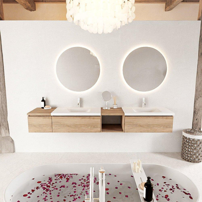 MONDIAZ BUKLA 240cm ensemble de meuble avec module ouvert 40 à droite couleur Chêne blanchi avec 3 tiroirs. Lavabo CLOUD double 2 trous de robinet couleur Talc.