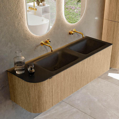 MONDIAZ KURVE Meuble de salle de bains 145 cm avec module 25 L couleur Oak avec 1 tiroir et 1 porte. Lavabo CLOUD double / à droite sans trou de robinet Urban.