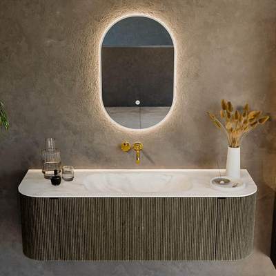 Ensemble de meuble de salle de bain Mondiaz KURVE-DLUX - 140x46x40cm - 1 tiroir - 2 portes - lavabo en solid surface - milieu - sans trou de robinet - Shadow