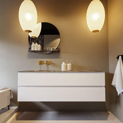 Mondiaz VICA-DLUX ensemble de meuble de salle de bain - 150cm - meuble sous lavabo talc - 2 tiroirs - lavabo encastré cloud gauche - sans trous de robinet - miroir modèle spot - version XL 60cm de haut - lave