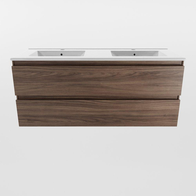 Mondiaz Aivy badmeubelset - 120x45x50cm - 2 kraangaten - 2 wasbakken talc Keramiek - Links en rechts - 2 lades - Zonder spiegel - Melamine Mocha