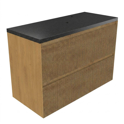 Saniclass Holz Atelier Ensemble de meubles de salle de bains - 100x45x63cm - Plan vasque en basalte Noche poli (noir) - 1 trou de robinetterie - 2 tiroirs - chêne natural mat (bois)