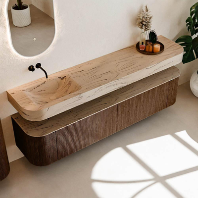 MONDIAZ THOR-DLUX 200cm meuble de salle de bains arrondi gauche + droite couleur Walnut avec 2 tiroirs et 2 portes. Vasque suspendue CLOUD Gauche sans trou de robinet couleur Arena.