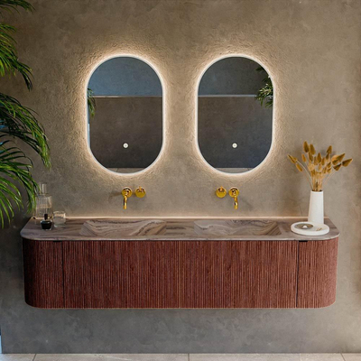 MONDIAZ KURVE-DLUX meuble de salle de bains 180cm arrondi Gauche + Droite couleur Ruby avec 2 tiroirs et 2 portes. Lavabo LEAF Double sans trou de robinet Sombra.