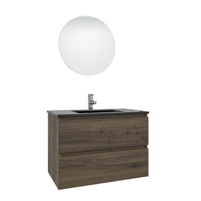 Saniclass Chaci Meuble de salle de bain - 80x46x55cm - lavabo en céramique noir - 1 vasque - 1 trou de robinet - 2 tiroirs - ronde miroir avec éclairage - noyer (hout)