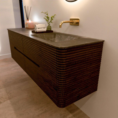Mondiaz CIRO-DLUX Ensemble de meubles de salle de bains - 160x45x50cm - lavabo solid surface Lava - 1 vasque à droite - sans trous de robinet - 4 tiroirs - Noyer