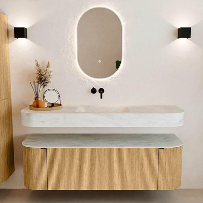 MONDIAZ THOR-DLUX 150cm badmeubel ronding links + rechts kleur Oak met 1 lade en 2 deuren. Vrijhangende wastafel CLOUD Midden zonder kraangat kleur Opalo.