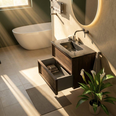 Saniclass Holz Frame Ensemble de meuble de salle de bains - 80x45x62cm - Vygo lavabo en céramique noir - 1 vasque - sans trou de robinet - 2 tiroirs - chêne charcoal mat (bois)