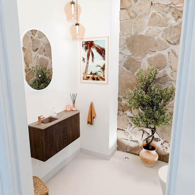 Mondiaz JOYA-DLUX 81.6cm toiletmeubel - ronding rechts kleur Walnut - Wastafel FAYE positie Links 1 kraangat kleur Arena.