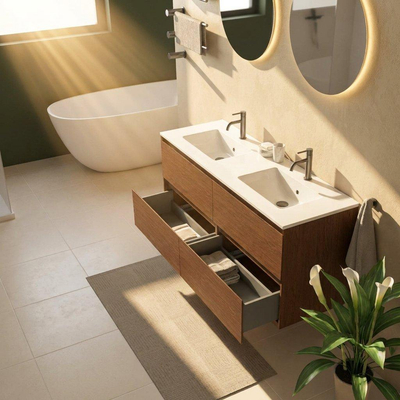 Saniclass Holz Pure Ensemble de meubles de salle de bains - 140x45x62cm - lavabo Vygo en céramique blanc - 2 vasques - 2 trous de robinet - 4 tiroirs - brillant walnut pure (bois)