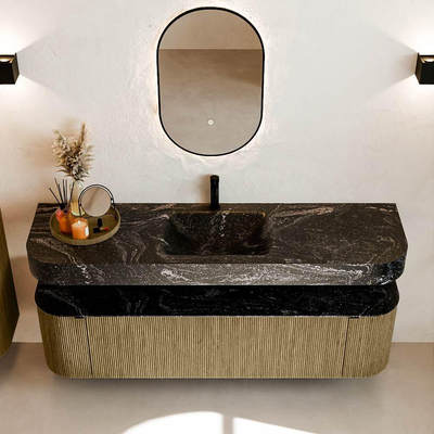 MONDIAZ THOR-DLUX 170cm meuble de salle de bains arrondi gauche + droite couleur Dusk avec 1 tiroir et 2 portes. Vasque suspendue CLOUD Milieu 1 trou de robinet couleur Lava.