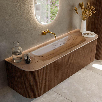 MONDIAZ KURVE-DLUX 150cm meuble de salle de bains arrondi Gauche + Droite couleur Walnut avec 1 tiroir et 2 portes. Lavabo BIG MEDIUM Central sans trou de robinet Arena.