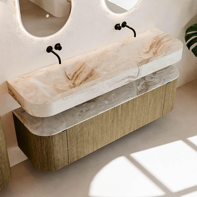 MONDIAZ THOR-DLUX 160cm meuble de salle de bains arrondi gauche + droite couleur Dusk avec 1 tiroir et 2 portes. Vasque suspendue CLOUD Double sans trou de robinet couleur Frappe.