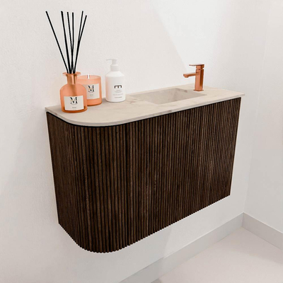 Mondiaz JOYA-DLUX 61.6cm toiletmeubel - ronding links kleur Walnut - Wastafel FAYE positie Rechts 1 kraangat kleur Frappe.
