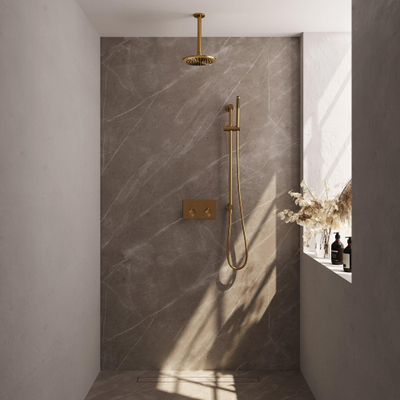 BRAUER Gold Edition Thermostatische Regendouche inbouw - drukknoppen - SET 65 - 20cm hoofddouche - plafondarm - staaf handdouche - doucheslang - geïntegreerde glijstang - goud geborsteld PVD