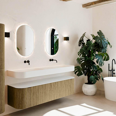 MONDIAZ THOR Meuble de salle de bains - 170cm - arrondi gauche + droite - couleur Dusk - 1 tiroir - 2 portes - Vasque suspendue CLOUD Double sans trou de robinet - couleur Talc