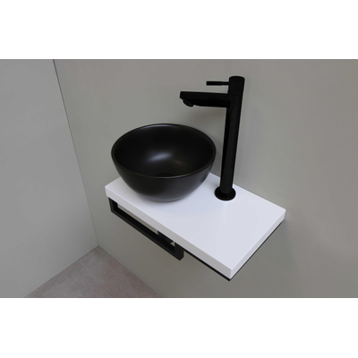 Proline Pack lave-mains 40x23cm avec vasque céramique noir mat gauche, plan blanc et robinet, sipon et bonde noir mat