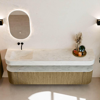 MONDIAZ THOR-DLUX 200cm meuble de salle de bains arrondi gauche + droite couleur Dusk avec 2 tiroirs et 2 portes. Vasque suspendue CLOUD Gauche sans trou de robinet couleur Opalo.