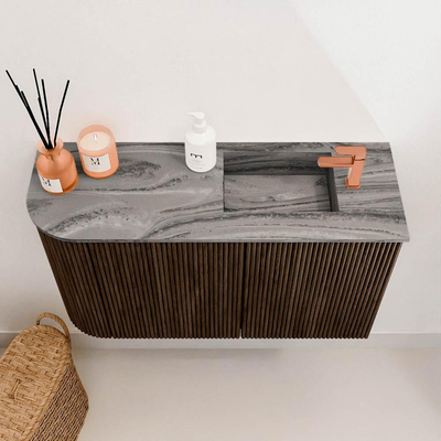 Mondiaz JOYA-DLUX Meuble de toilette 71,6cm - arrondi gauche couleur Walnut - Vasque FAYE position droite 1 trou de robinet couleur Sombra.