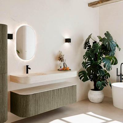 MONDIAZ THOR-DLUX 150cm meuble de salle de bains arrondi gauche + droite couleur Shadow avec 1 tiroir et 2 portes. Vasque suspendue CLOUD Gauche 1 trou de robinet couleur Meli.