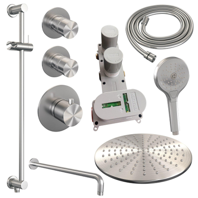 Brauer Brushed Edition Ensemble de douche pluie encastré - douche principale 30cm - bras mural - glissière - avec partie encastrable - boutons lisses - douchette ronde 3 positions - PVD - inox brossé