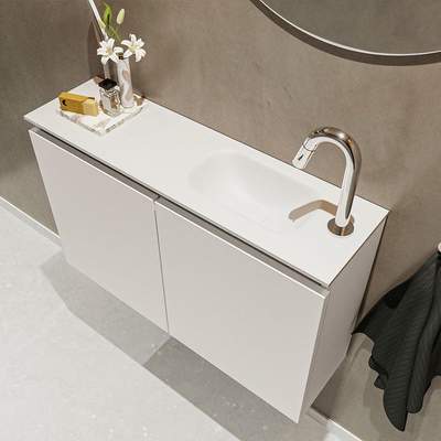 MONDIAZ TURE Fonteinset - 80x23x50cm - 1 kraangat - 2 deuren - linen mat - Wasbak rechts - Solid Surface Wit