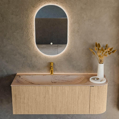 MONDIAZ KURVE-DLUX Meuble de salle de bains 125cm arrondi Droite couleur Oak avec 1 tiroir et 1 porte. Lavabo BIG MEDIUM Gauche 1 trou de robinet Arena.