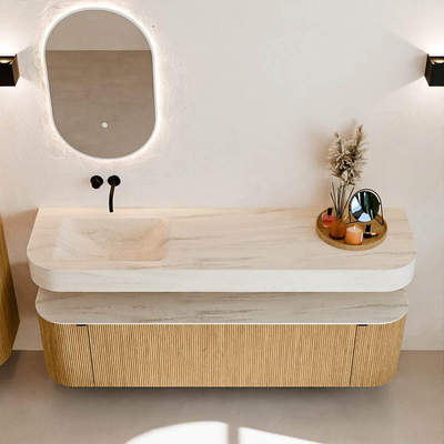 MONDIAZ THOR-DLUX 170cm badmeubel ronding links + rechts kleur Oak met 1 lade en 2 deuren. Vrijhangende wastafel CLOUD Links zonder kraangat kleur Meli.