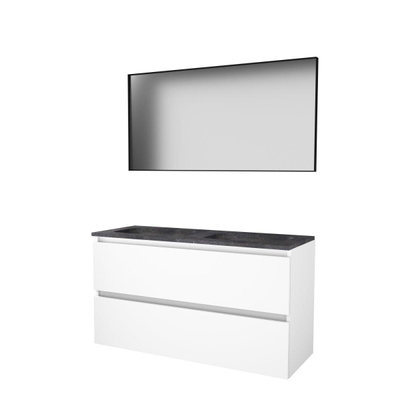 Basic-Line Framed 46 badkamermeubelset - 120x46cm - greeploos - 2 lades - hardsteen wastafel - 0 kraangaten - Spiegel - mat zwart aluminium frame - rondom - MDF lak Ice White