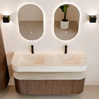 MONDIAZ THOR-DLUX 140cm meuble de salle de bains arrondi gauche + droite couleur Walnut avec 1 tiroir et 2 portes. Vasque suspendue CLOUD Double 2 trous de robinet couleur Meli.