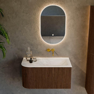 MONDIAZ KURVE-DLUX Meuble de salle de bains 85 cm avec module 25 L couleur Walnut avec 1 tiroir et 1 porte. Lavabo CLOUD à droite sans trou de robinet couleur Ostra.