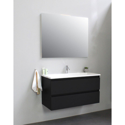 Basic Bella Meuble lavabo acrylique noir avec 1 trou de robinet avec miroir 100x55x46cm Flat Pack Noir mat