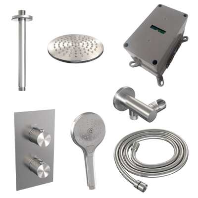 Brauer Douche pluie encastrable en finition brossée - douche principale 20cm - bras plafond 20cm - 2 fonctions - comprenant partie encastrable - douchette ronde 3 positions - PVD - inox brossé