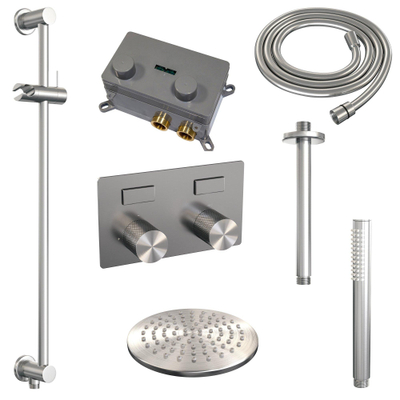 BRAUER Brushed Carving Thermostatische Regendouche inbouw - drukknoppen - SET 65 - 20cm hoofddouche - plafondarm - staaf handdouche - doucheslang - geïntegreerde glijstang - RVS geborsteld PVD