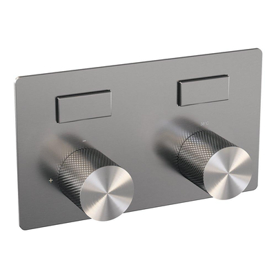 BRAUER Brushed Carving thermostatische inbouw badkraan - drukknoppen SET 03 - uitloop - staaf handdouche - doucheslang - wandaansluitbocht - RVS geborsteld PVD