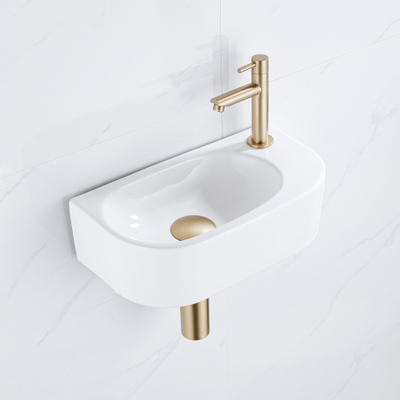 QeramiQ Fuente fonteinset – 40x21.5x12 cm – keramiek wit glans – kraangat rechts – geborsteld gouden kraan