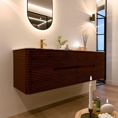 Mondiaz CIRO-DLUX Badkamermeubelset - 160x45x50cm - Solid surface wastafel Glace - 1 wasbak Links - 1 kraangat - 4 lades - Ruby