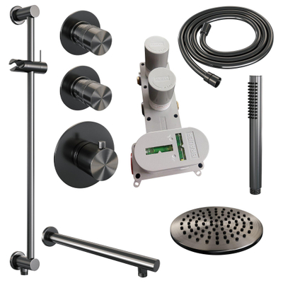 Brauer Gunmetal Edition Regendoucheset inbouw - hoofddouche 20cm - 3 gladde knoppen - rechte wandarm - glijstang - handdouche staaf 1 stand - PVD - geborsteld gunmetal