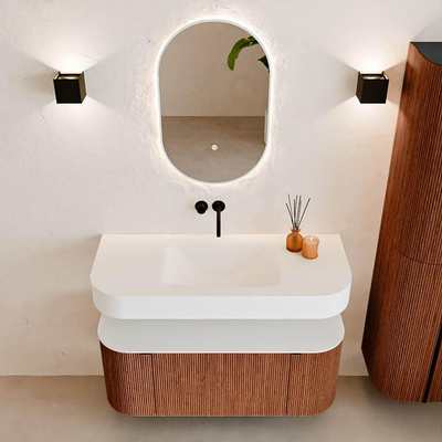 MONDIAZ THOR Meuble de salle de bains 110cm arrondi gauche + droite couleur Ruby avec 1 tiroir et 2 portes. Vasque suspendue CLOUD Milieu sans trou de robinet couleur Talc.