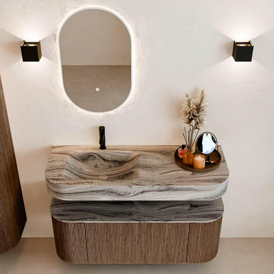 MONDIAZ THOR-DLUX 120cm badmeubel ronding links + rechts kleur Walnut met 1 lade en 2 deuren. Vrijhangende wastafel CLOUD Links 1 kraangat kleur Sombra.