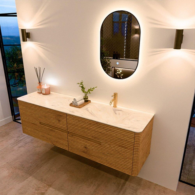 Mondiaz CIRO-DLUX Meuble de salle de bains - 170x45x50cm - Plan vasque solid surface Ostra - 1 lavabo à droite - 1 trou de robinetterie - 4 tiroirs - Chêne