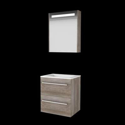 Basic-Line Premium 46 ensemble de meubles de salle de bain 60x46cm avec poignées 2 tiroirs lavabo acrylique 1 trou de robinetterie armoire de toilette éclairage led intégré mfc scotch oak