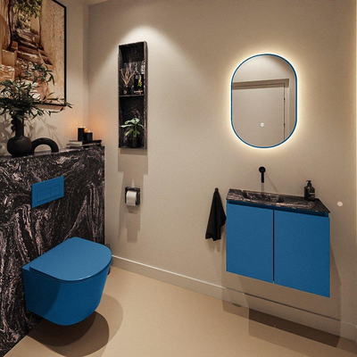 MONDIAZ TURE-DLUX Meuble toilette - 60cm - Jeans - EDEN - vasque Lava - position gauche - sans trou de robinet